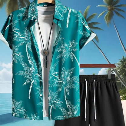 Men's Casual Coconut Tree Print Shirt and Shorts Set