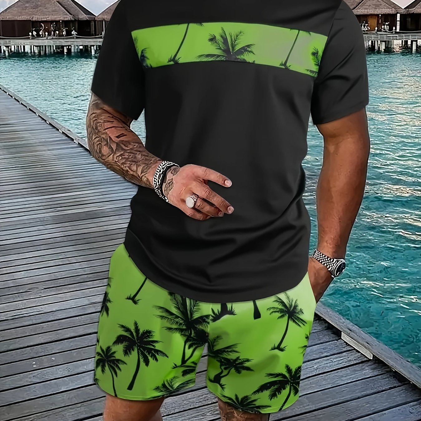 Men's Coconut Tree Pattern T-Shirt and Pink Shorts Set