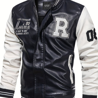 Men's Letter 'R' Print PU Jacket – Bold & Functional Wear