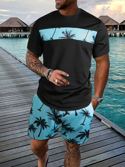 Men's Coconut Tree Pattern T-Shirt and Pink Shorts Set