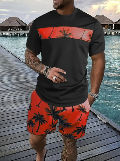 Men's Coconut Tree Pattern T-Shirt and Pink Shorts Set