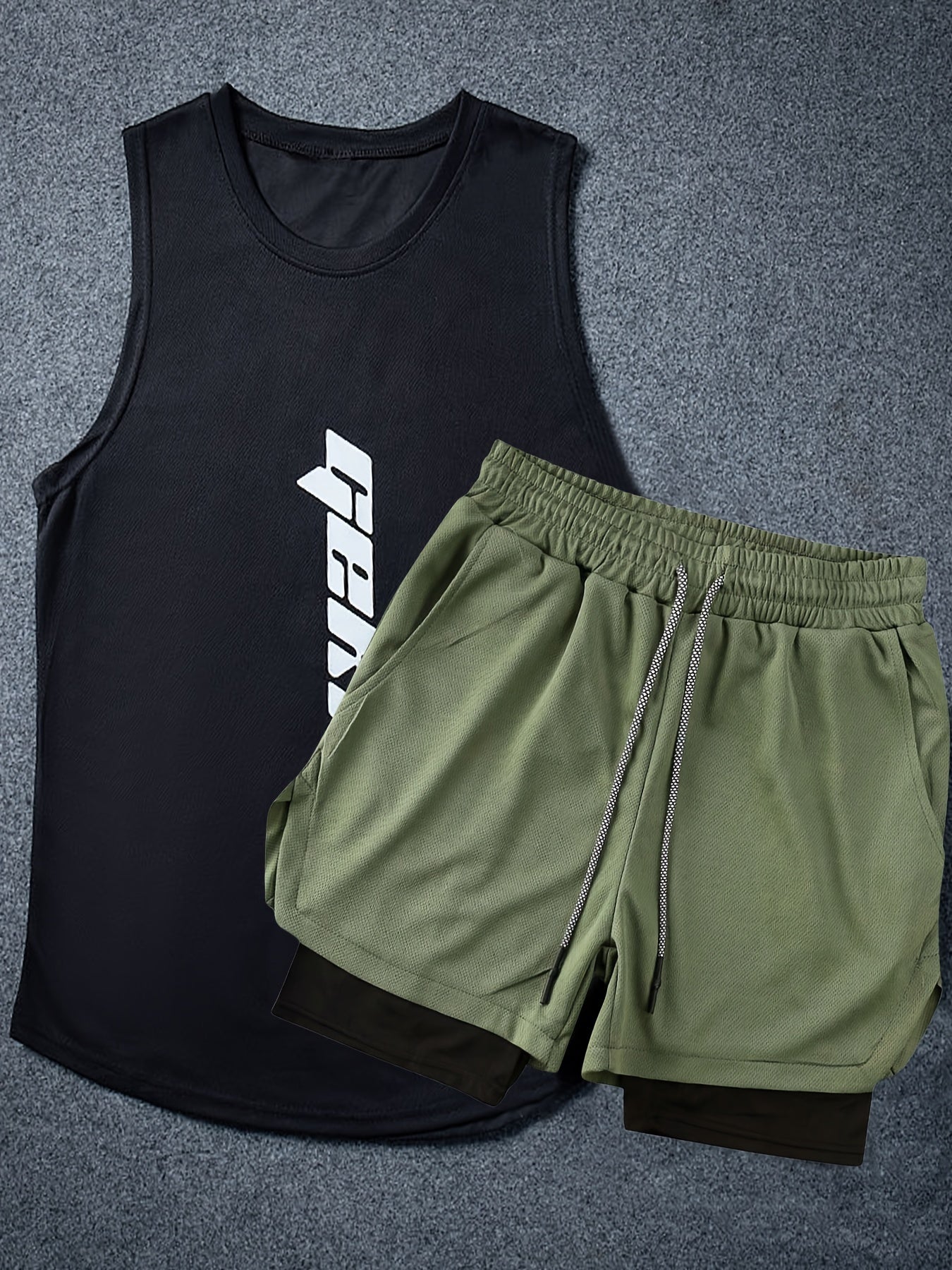 Men's 2pcs Outfits, Letter Print, Casual Graphic Tank Top 2-In-1 Shorts Set, Men's Clothing