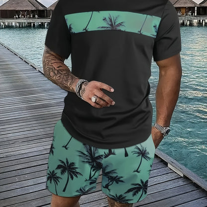 Men's Coconut Tree Pattern T-Shirt and Pink Shorts Set