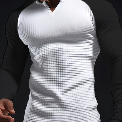 Mens Color Block Long Sleeve V-Neck T-Shirt for All Seasons