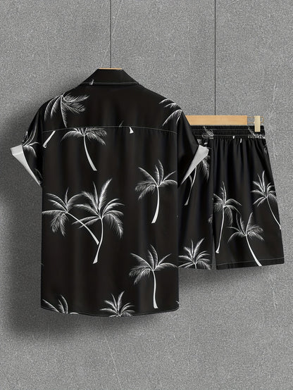 Coconut Tree Print Men's Summer Outfit - Shirt and Shorts Set