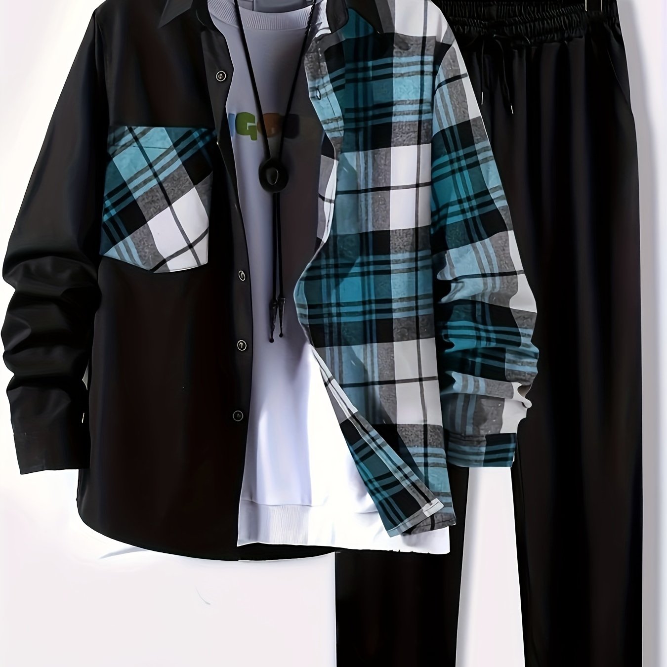 Plus Size Men's Plaid Shirt and Pants Set for Outdoor Comfort
