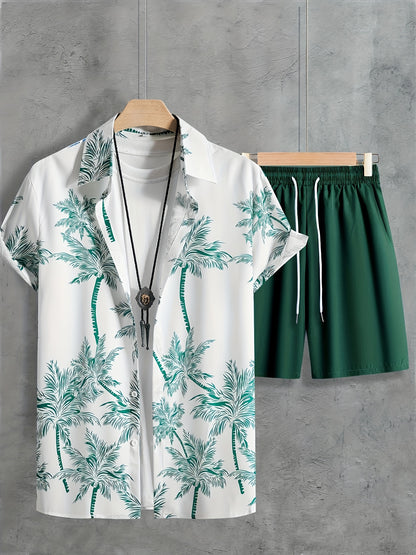 Men's Casual Coconut Tree Print Shirt and Shorts Set
