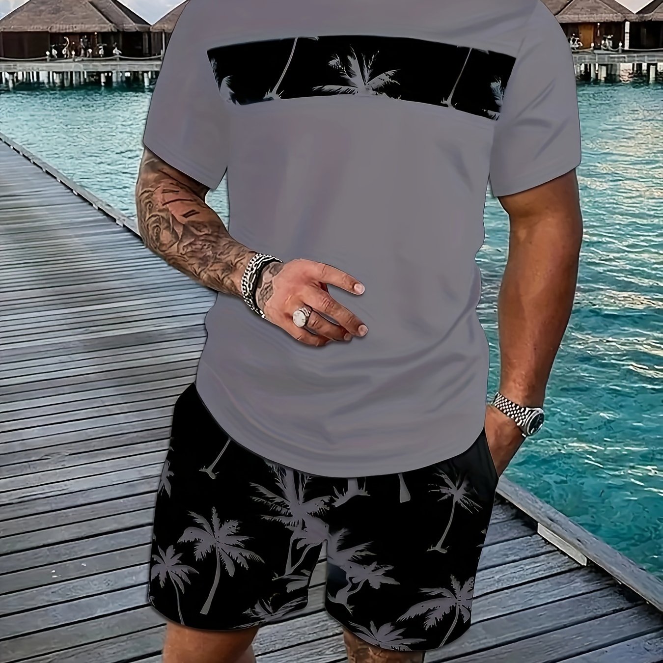 Men's Coconut Tree Pattern T-Shirt and Pink Shorts Set