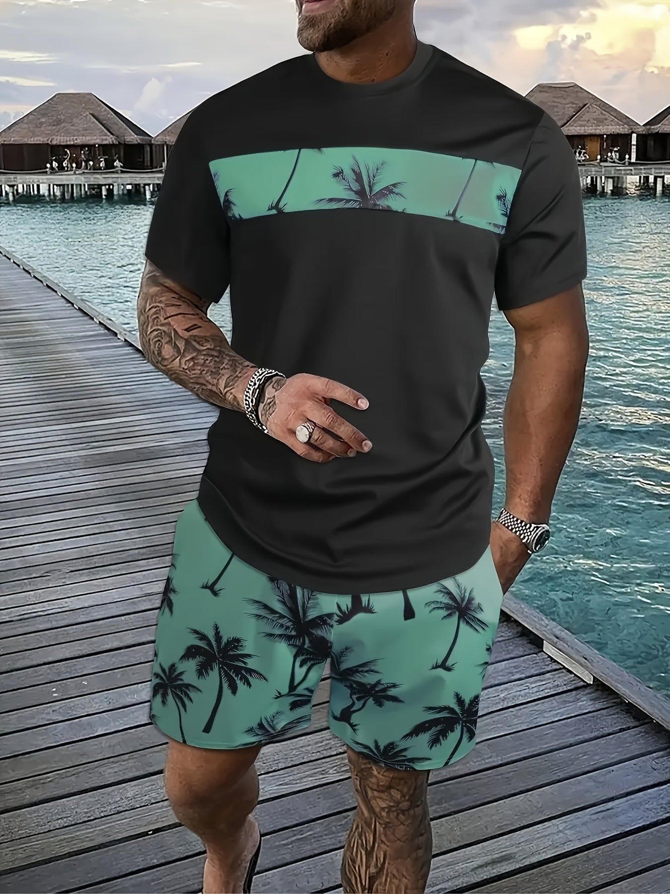 Men's Coconut Tree Pattern T-Shirt and Pink Shorts Set