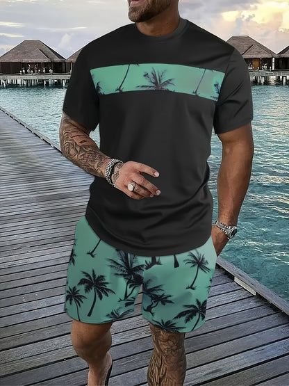 Men's Coconut Tree Pattern T-Shirt and Pink Shorts Set