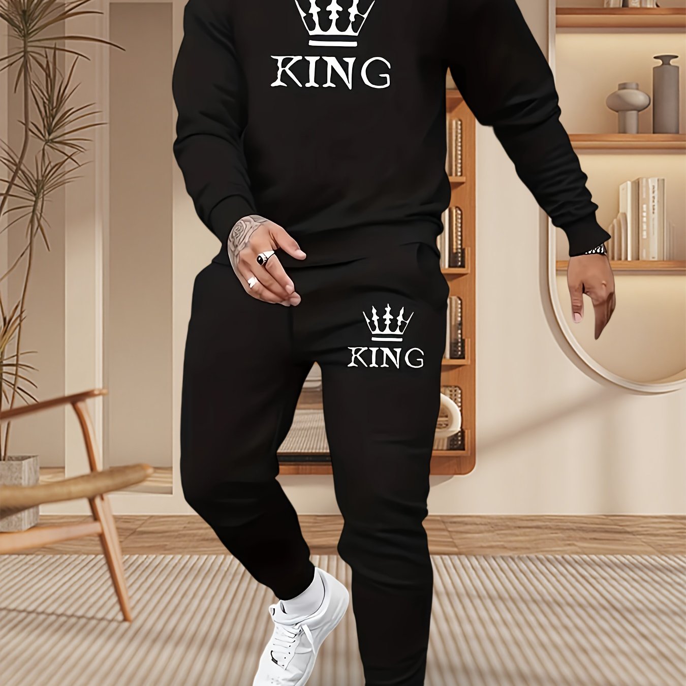 Men's Stylish Crown Print Sports Trousers Set 2pcs