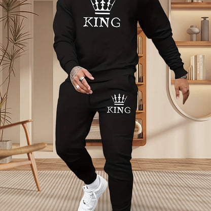 Men's Stylish Crown Print Sports Trousers Set 2pcs