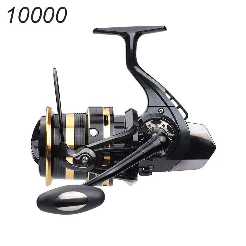 Black and gold spinning fishing reel for outdoor angling, size 10000, isolated on white background