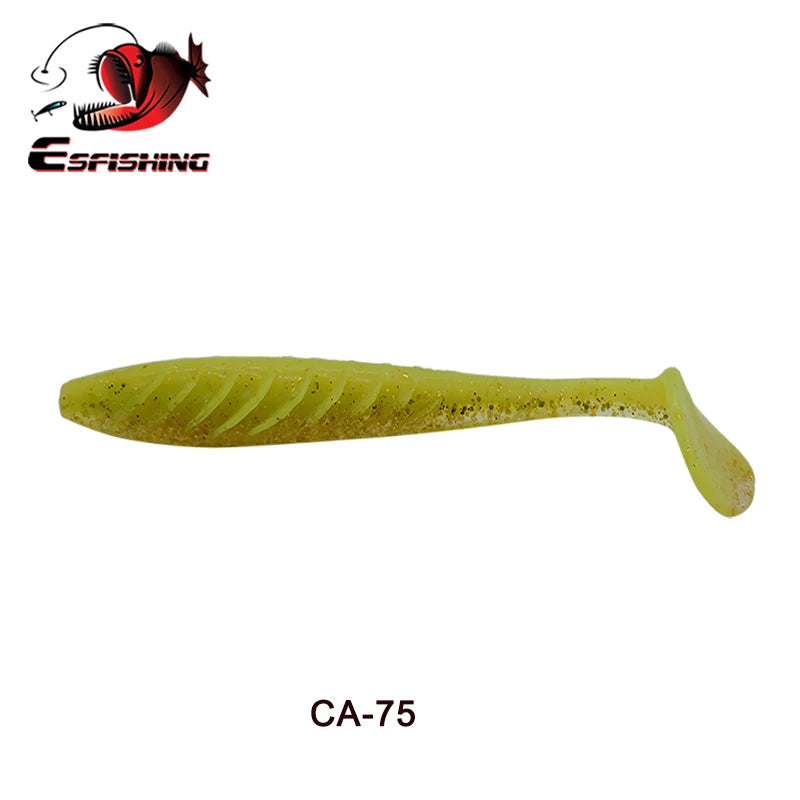 Soft plastic fishing lure, yellow with glitter, paddle tail design labeled CA-75.