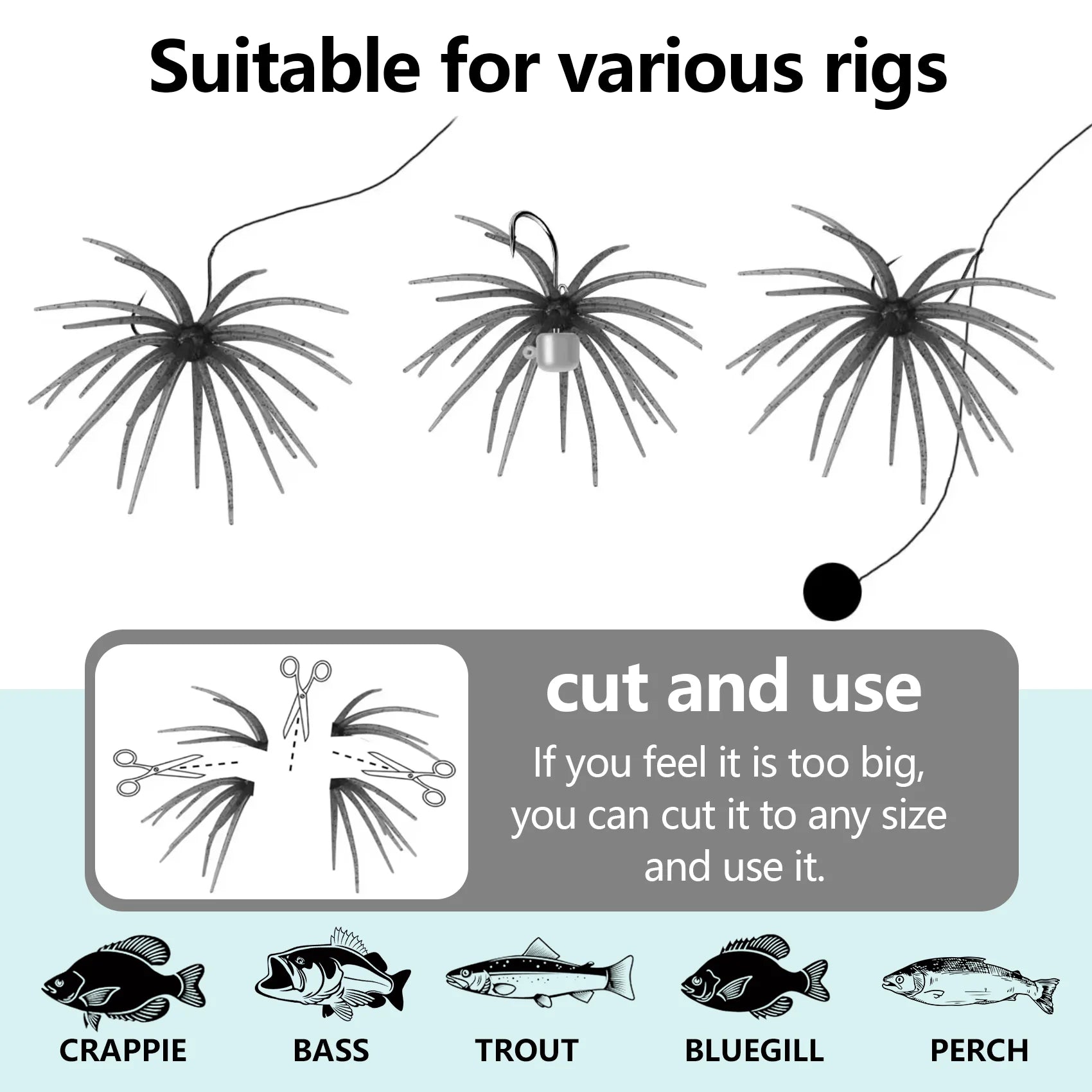Fishing lure skirt attachments suitable for various rigs, customizable size, ideal for crappie, bass, trout, bluegill, and perch fishing.