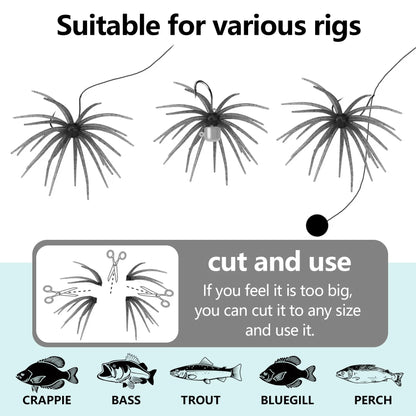 Fishing lure skirt attachments suitable for various rigs, customizable size, ideal for crappie, bass, trout, bluegill, and perch fishing.