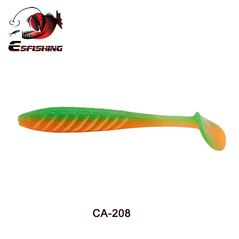 Green and orange soft plastic fishing lure with paddle tail, labeled CA-208, for outdoor fishing.
