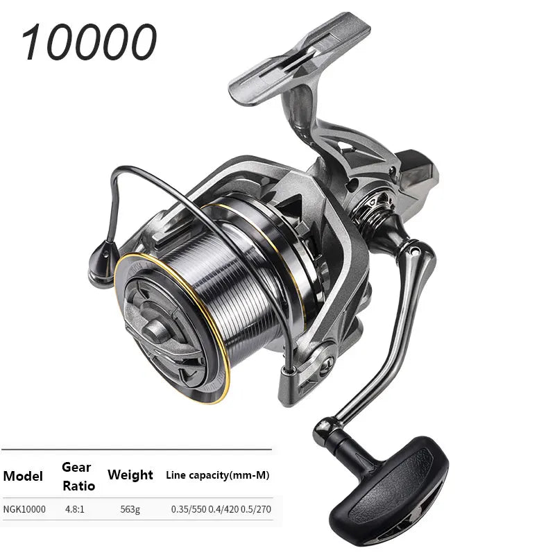 Close-up of a fishing reel NGK10000, gear ratio 4.8:1, durable outdoor fishing equipment