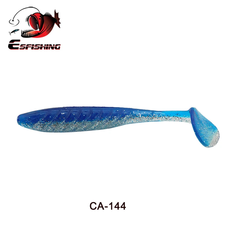 Blue glitter soft plastic fishing lure with paddle tail, labeled CA-144, for outdoor angling.