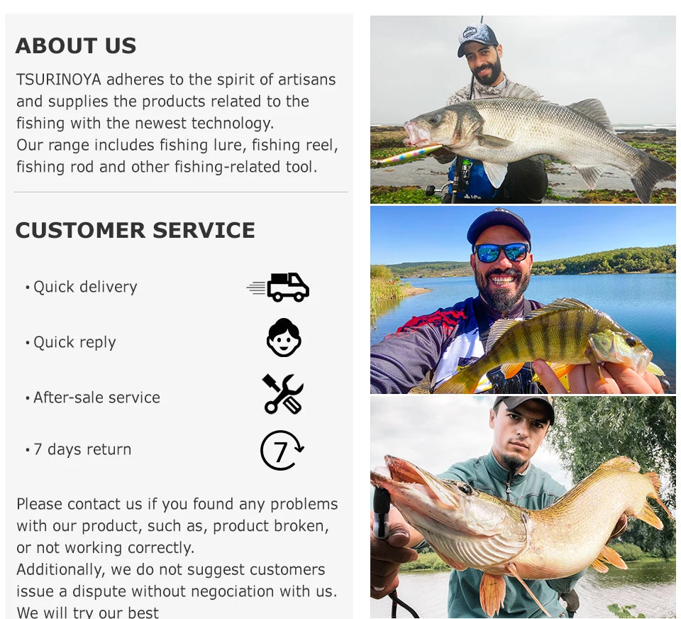 Three anglers holding large fish outdoors, with text on fishing gear and customer service benefits.