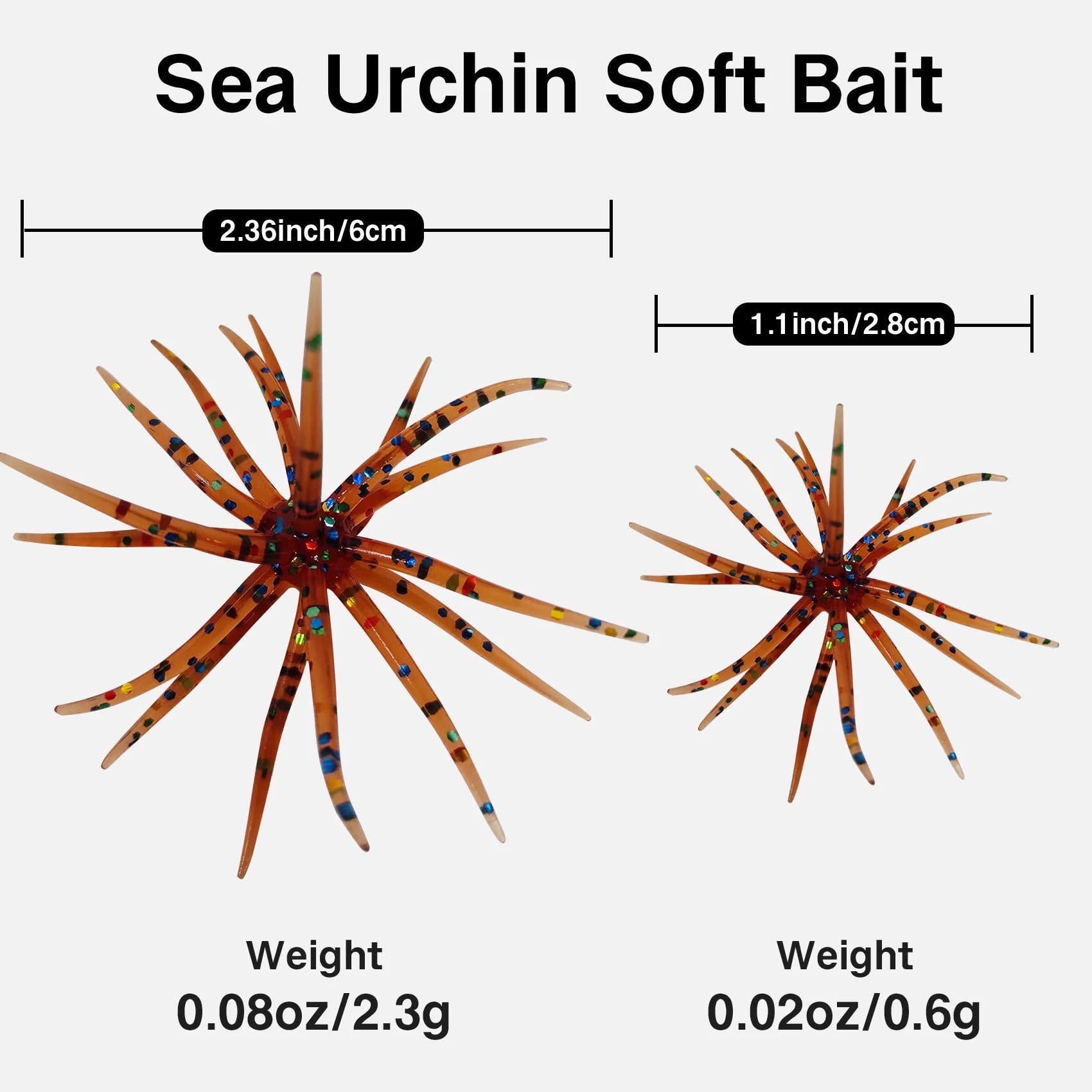 Two brown sea urchin soft bait fishing lures with glitter, shown in 6cm and 2.8cm sizes.