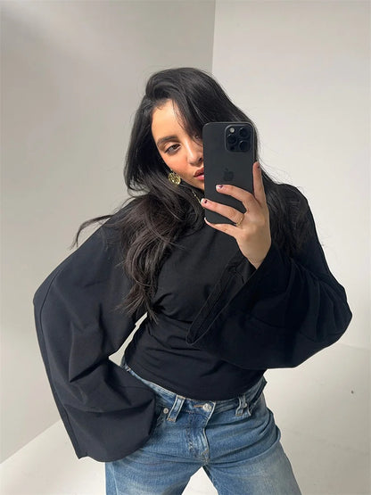 Stylish Cinched Waist Crop Top with Long Sleeves for Women