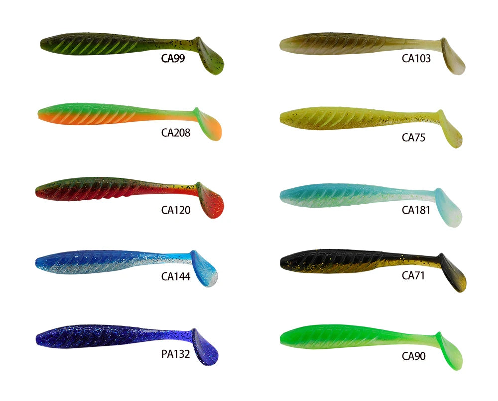Assorted soft plastic fishing lures in various colors and styles, labeled with model codes.
