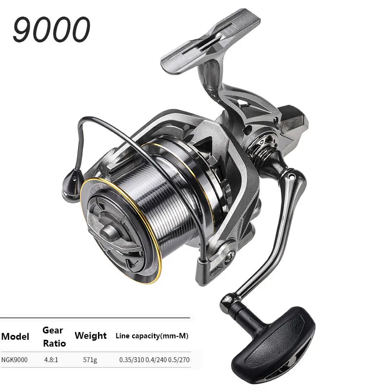 Large 9000 spinning fishing reel with handle, gear details, and line capacity chart
