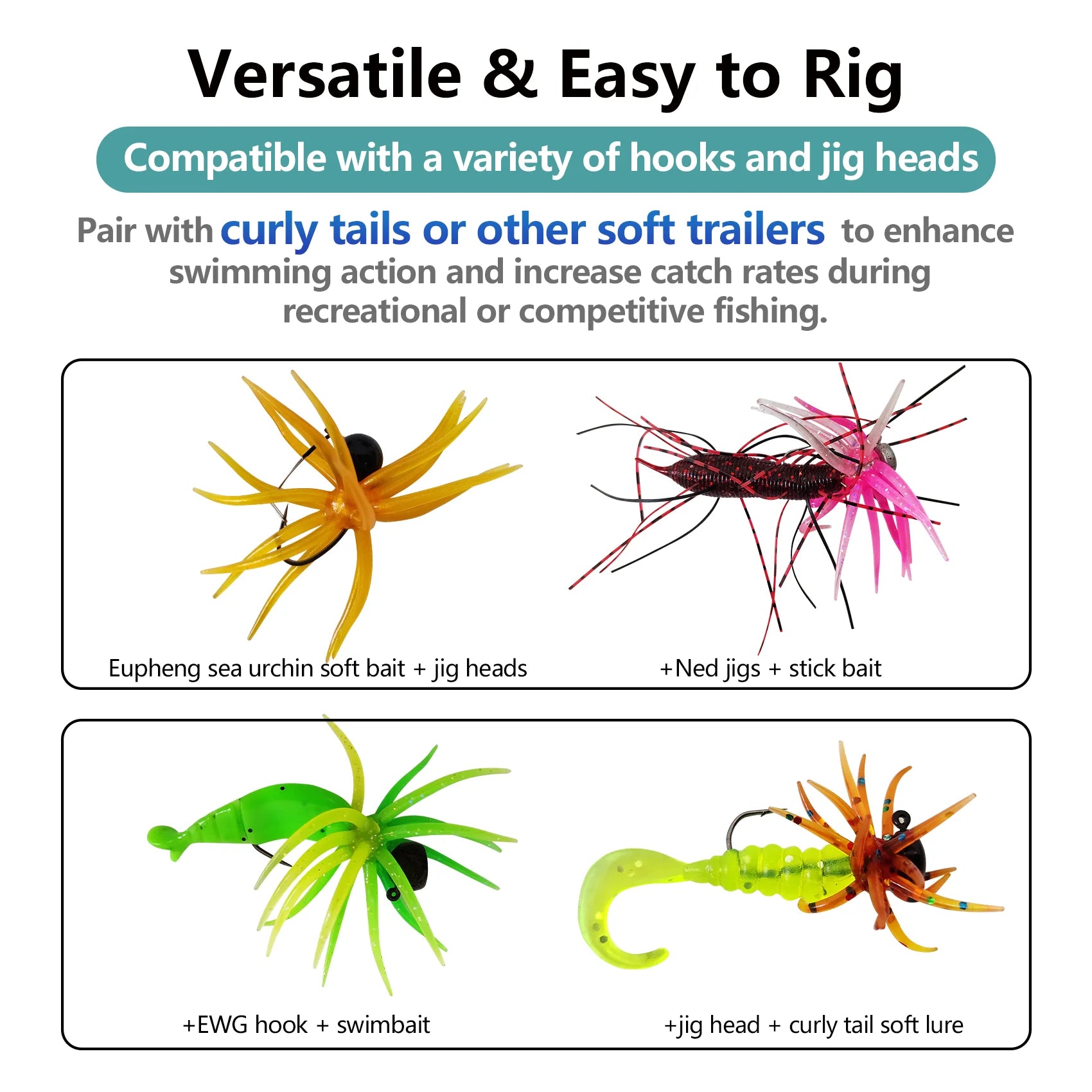 Assorted fishing lures and jig heads with vibrant soft baits for versatile rigging options.
