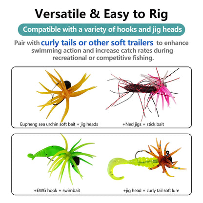 Assorted fishing lures and jig heads with vibrant soft baits for versatile rigging options.