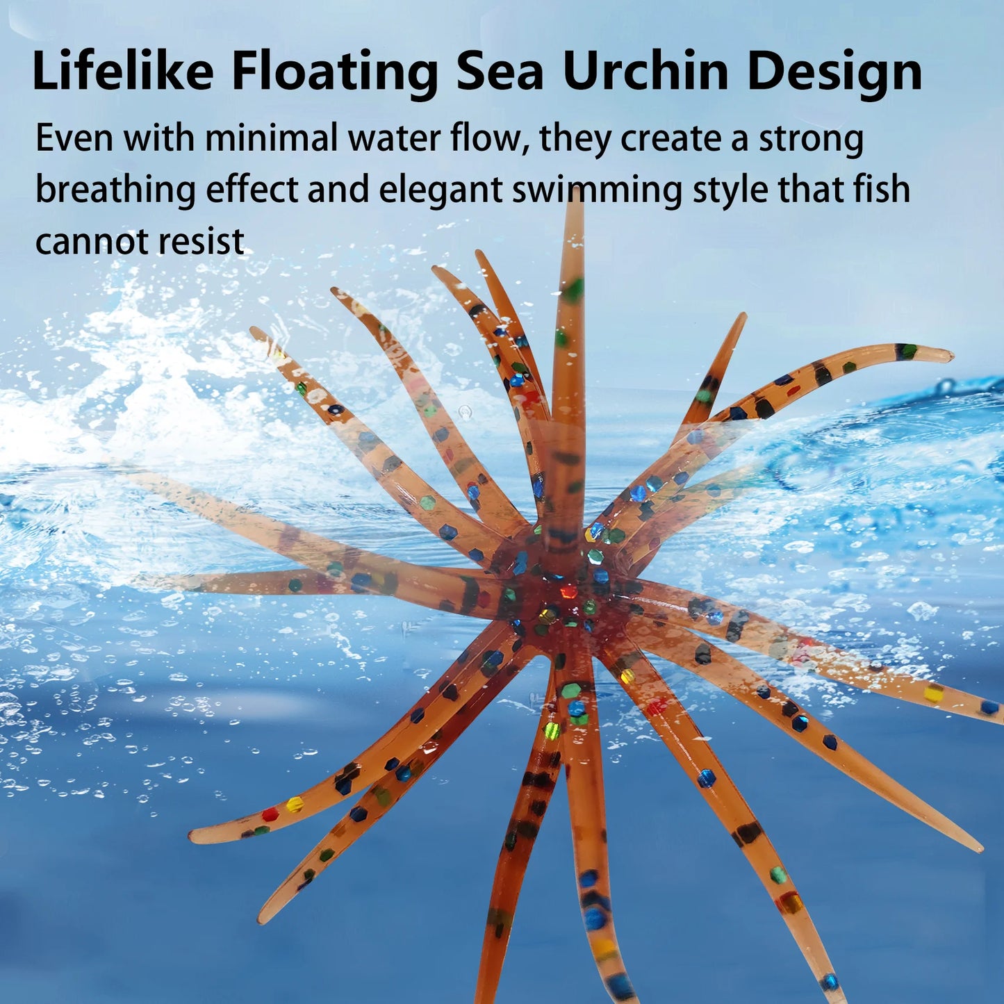 Lifelike floating sea urchin aquarium decoration with colorful spots in blue water.