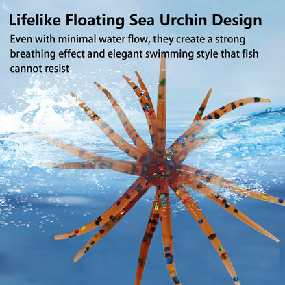 Lifelike floating sea urchin aquarium decoration with colorful spots in blue water.
