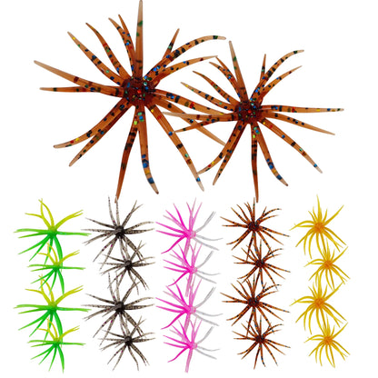 Assorted colorful soft plastic fishing lures with multiple legs, ideal for bait rigs