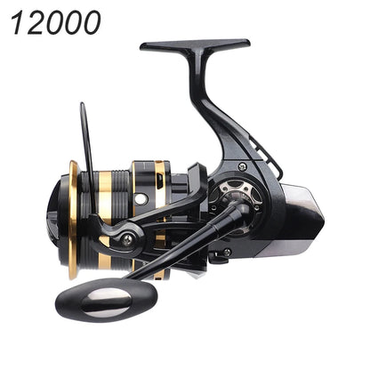 Black and gold spinning fishing reel for outdoor angling, size 12000, isolated on white