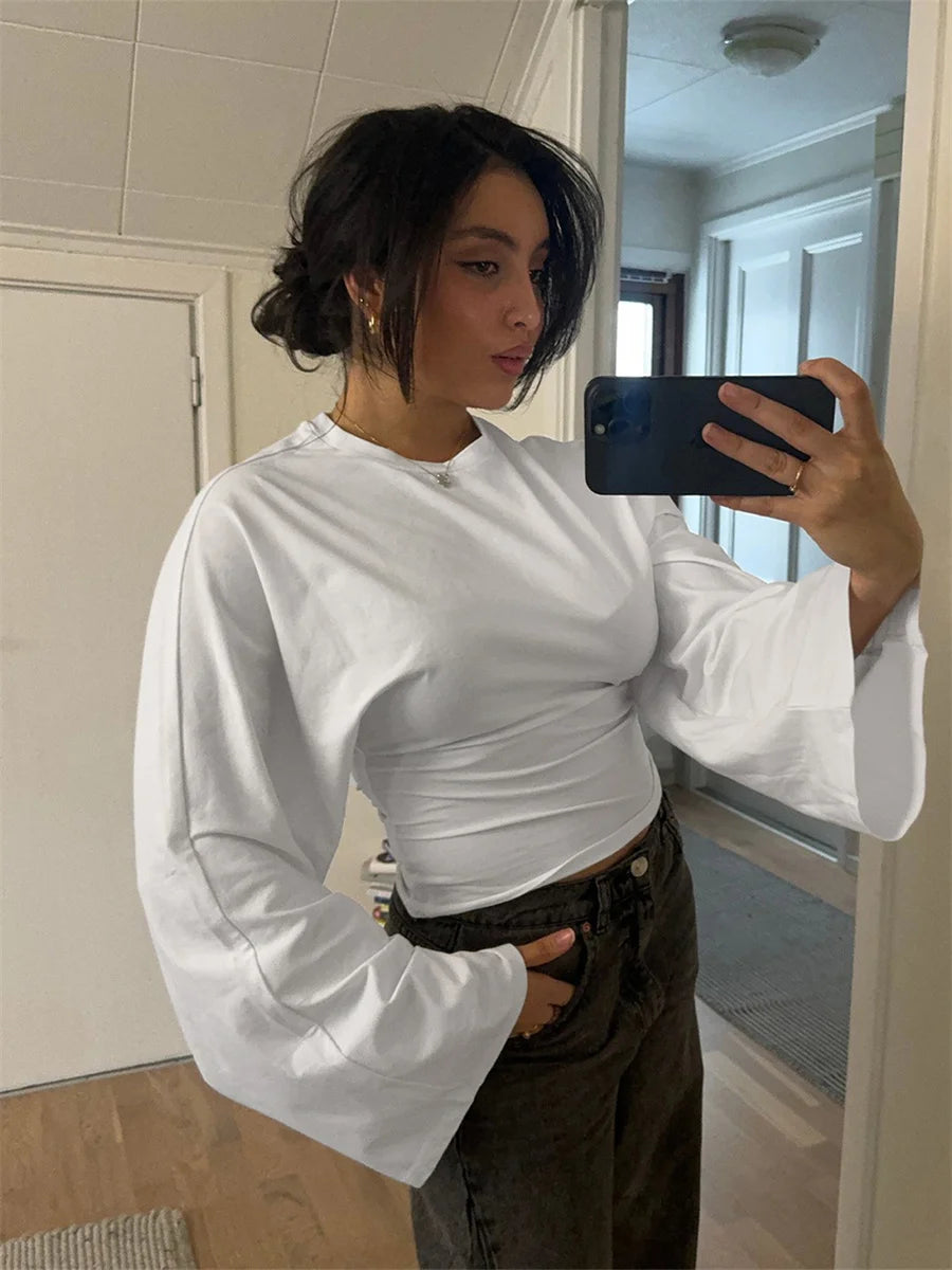 Stylish Cinched Waist Crop Top with Long Sleeves for Women