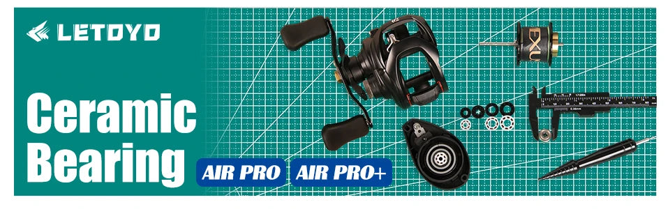Fishing reel with ceramic bearings and metal components on a green grid background, labeled AIR PRO and AIR PRO+.
