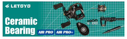 Fishing reel with ceramic bearings and metal components on a green grid background, labeled AIR PRO and AIR PRO+.