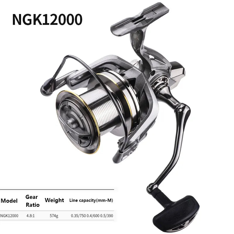 NGK12000 large fishing reel with handle, silver and black, gear ratio 4.8:1, outdoor gear