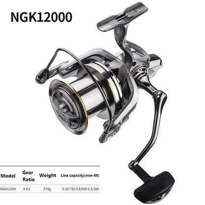 NGK12000 large fishing reel with handle, silver and black, gear ratio 4.8:1, outdoor gear