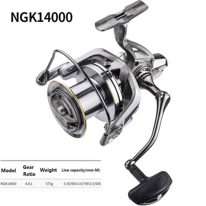 NGK14000 fishing reel with metal body, handle, and gear ratio specs for outdoor angling.