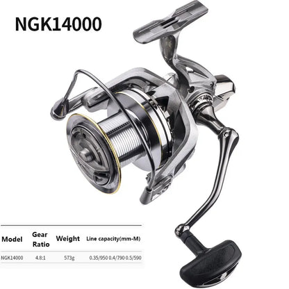 NGK14000 fishing reel with metal body, handle, and gear ratio specs for outdoor angling.