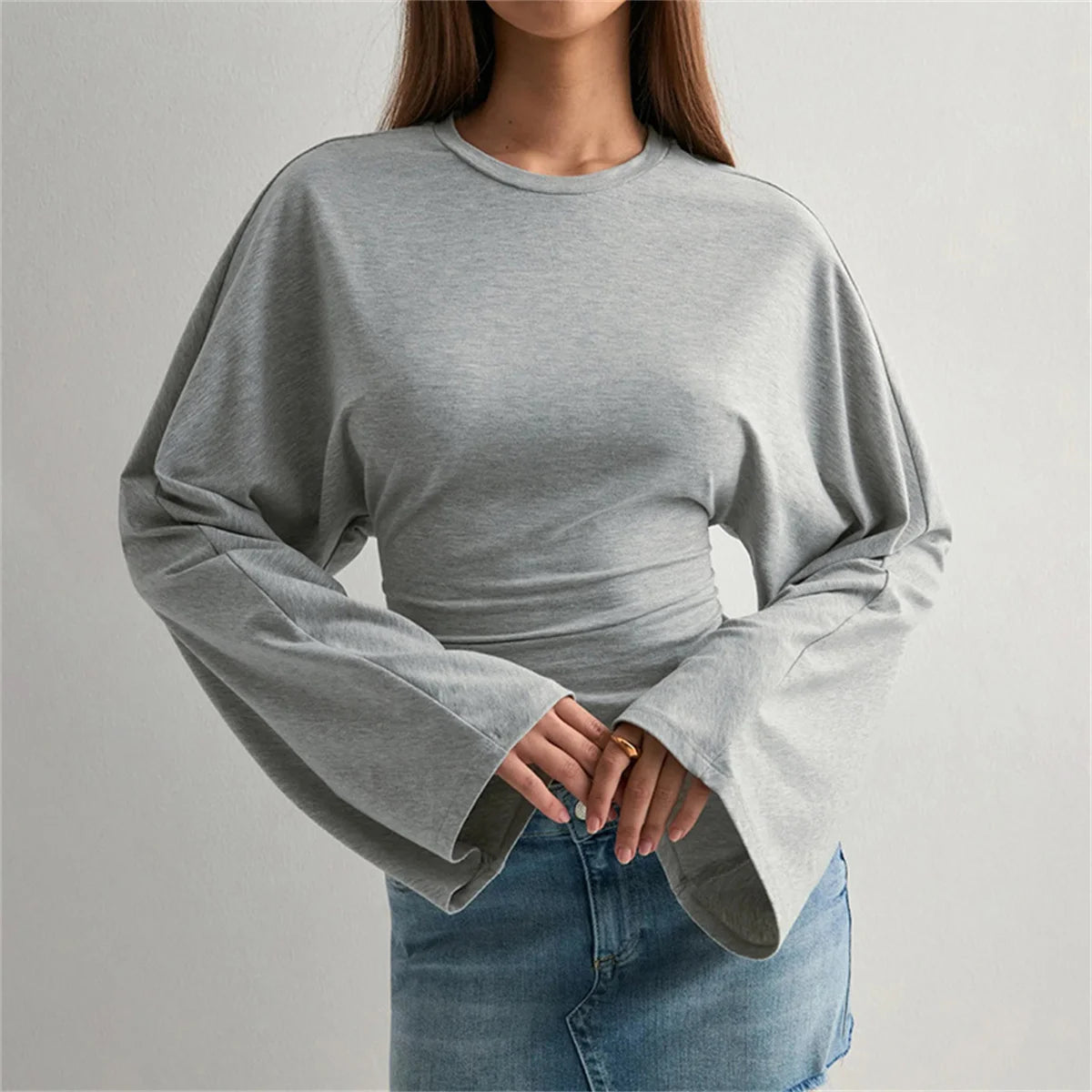 Stylish Cinched Waist Crop Top with Long Sleeves for Women