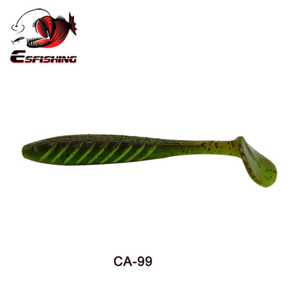 Green ribbed soft plastic fishing lure with paddle tail, CA-99 model, on white background