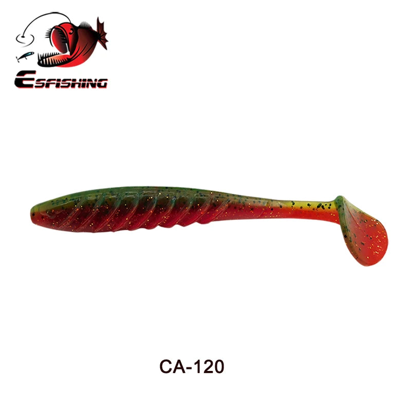 Soft plastic paddle tail fishing lure in green and red with glitter, model CA-120