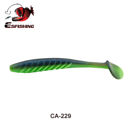 Green and blue soft plastic fishing lure with paddle tail, labeled CA-229, on white background.