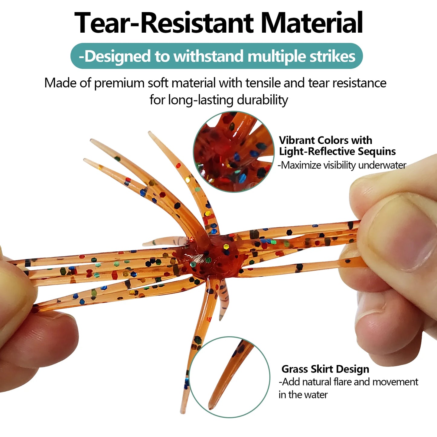 Hands stretching a tear-resistant, soft fishing lure with light-reflective sequins and grass skirt design for outdoor fishing.