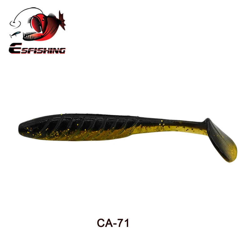 Black and yellow soft plastic paddle tail fishing lure, CA-71, with glitter accents.