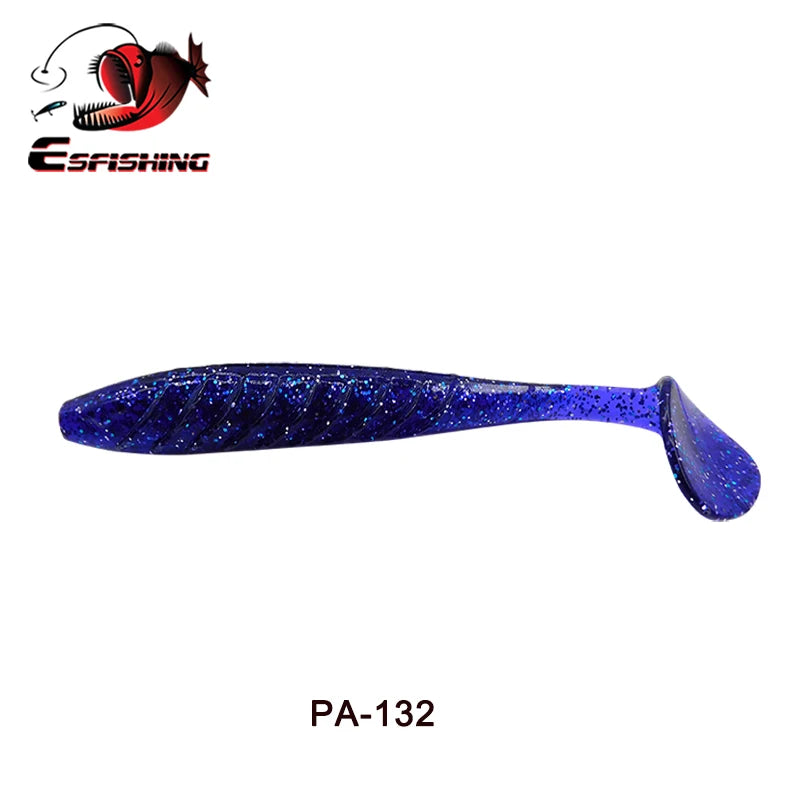 Blue glitter soft plastic fishing lure with paddle tail, labeled PA-132, on white background