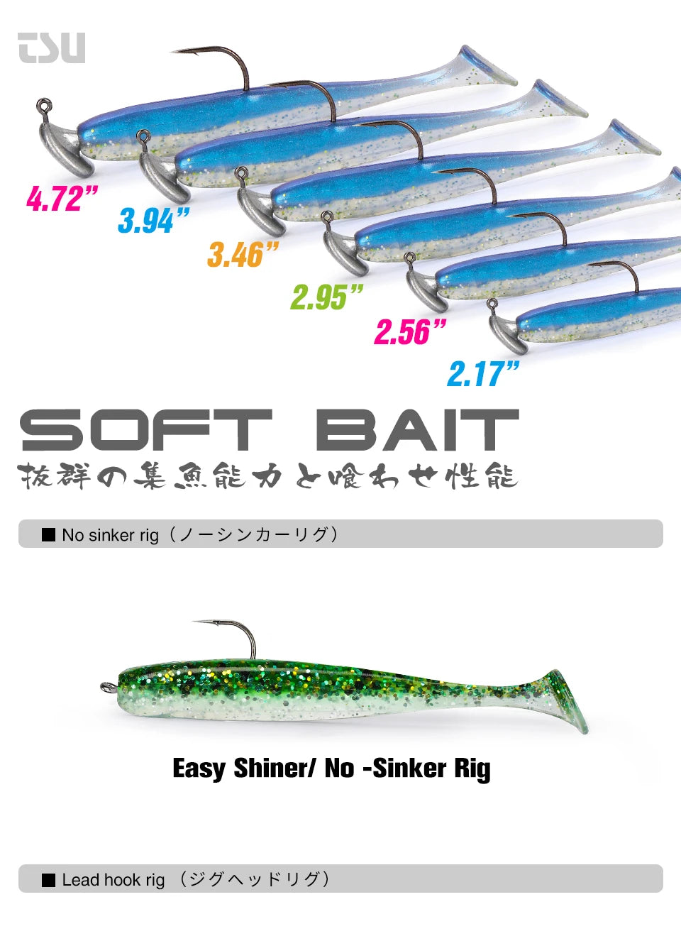 Various sizes of blue and green soft bait fishing lures with hooks shown for rigging options.