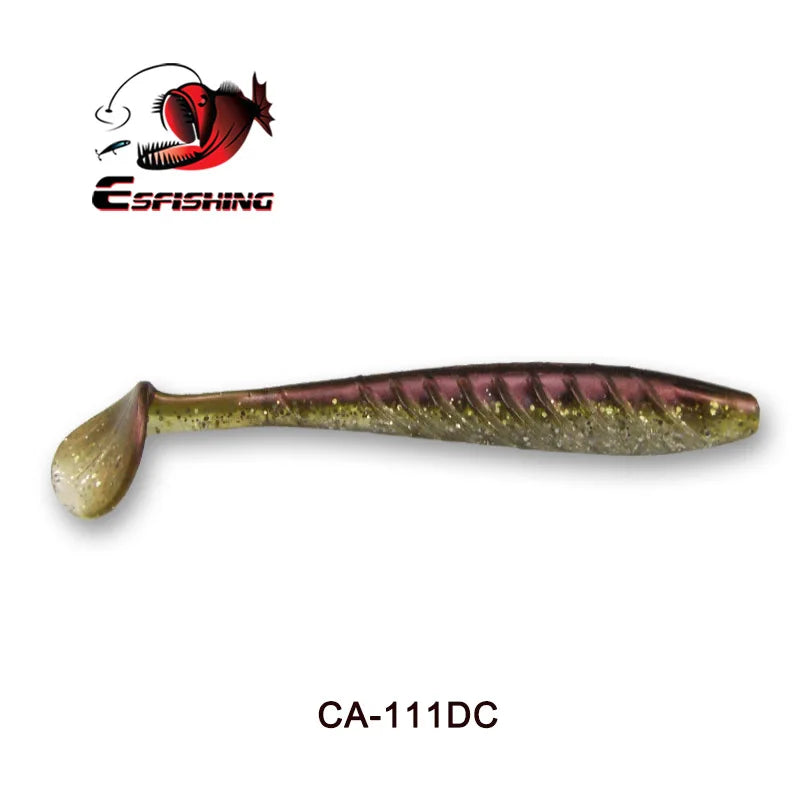 Soft plastic paddle tail fishing lure with glitter and textured detail, labeled CA-111DC.